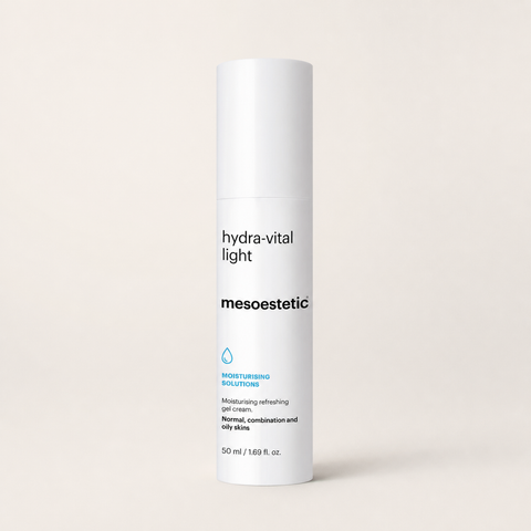 Mesoestetic Hydra-Vital Light on a warm cream studio background