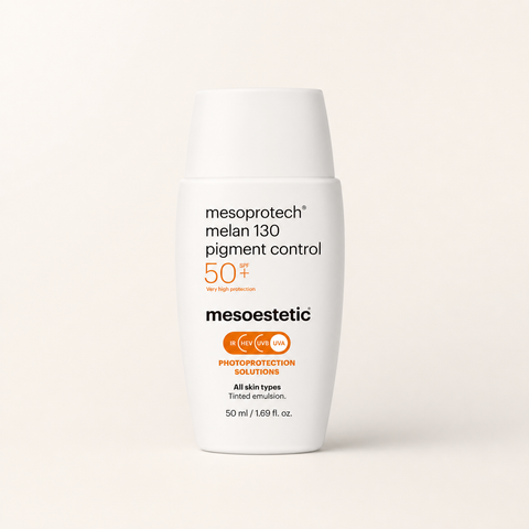 Mesoestetic Mesoprotech Melan 130 Pigment Control on a warm cream studio background