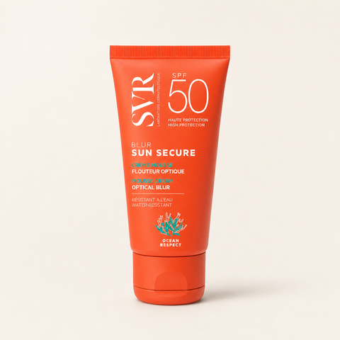 SVR Sun Secure Blur SPF50 on a warm cream background
