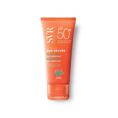 Sunscreen tube labeled 'SVR' with SPF 50+ on a white background