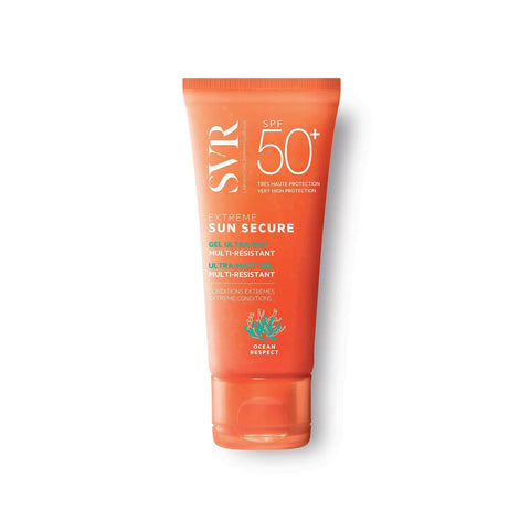 Sunscreen tube labeled 'SVR' with SPF 50+ on a white background