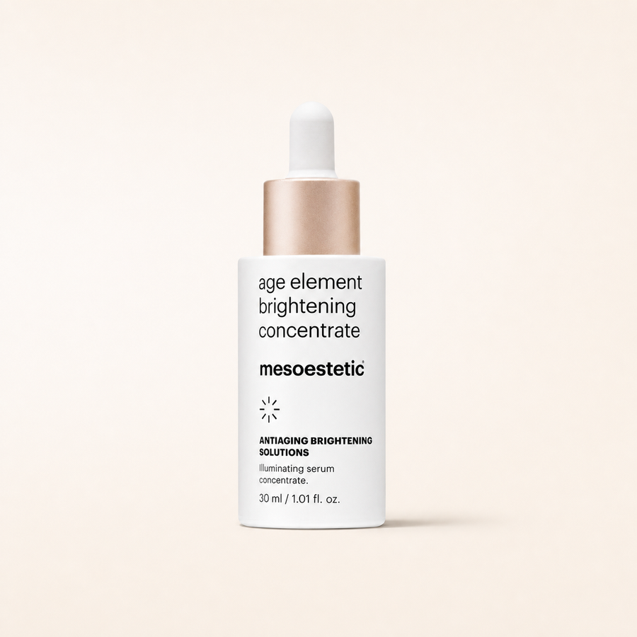 Mesoestetic Age Element Brightening Concentrate on a warm cream studio background