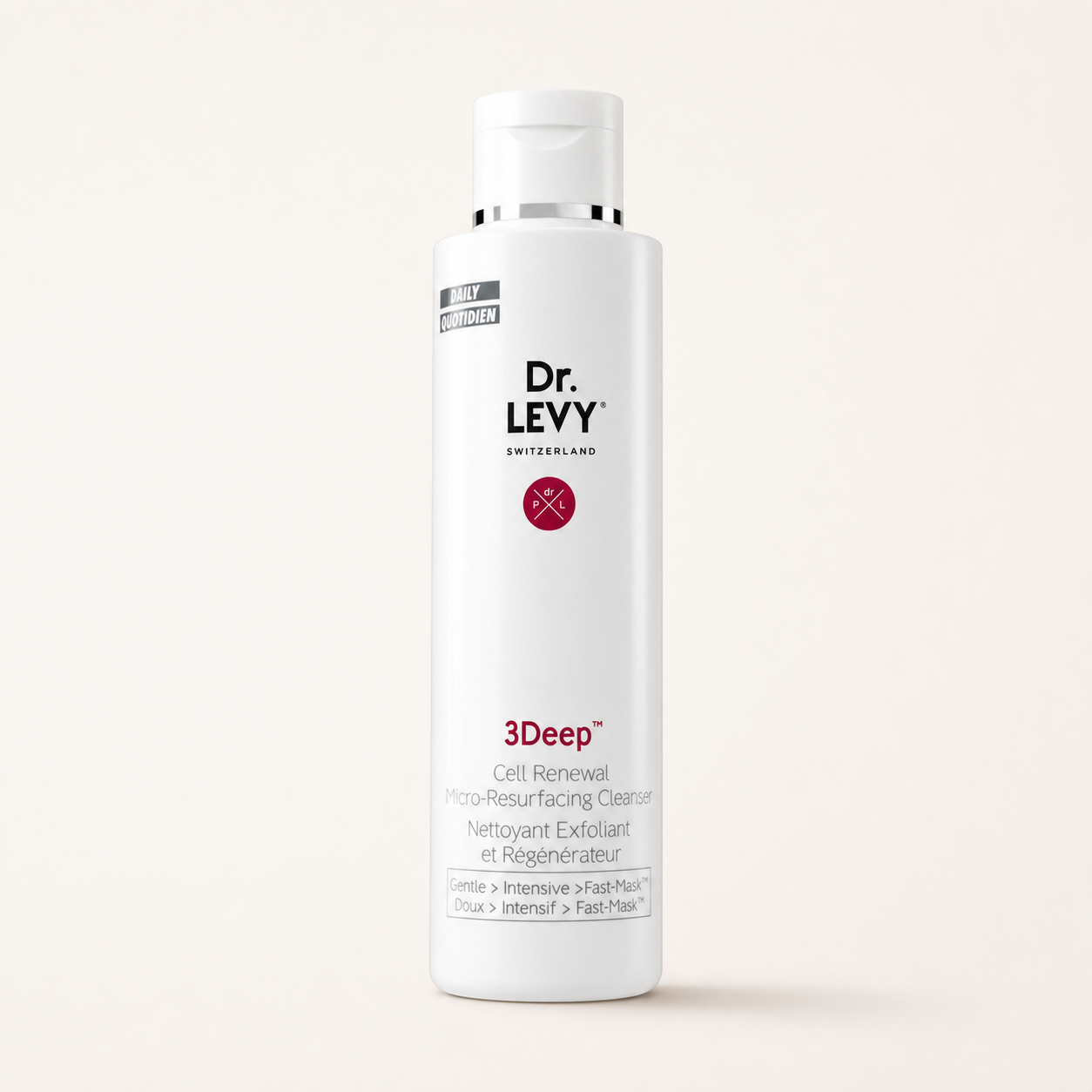Dr Levy 3DEEP Cleanser on a warm cream background