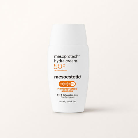 Mesoestetic Mesoprotech Hydra Cream SPF 50+ on a warm cream studio background