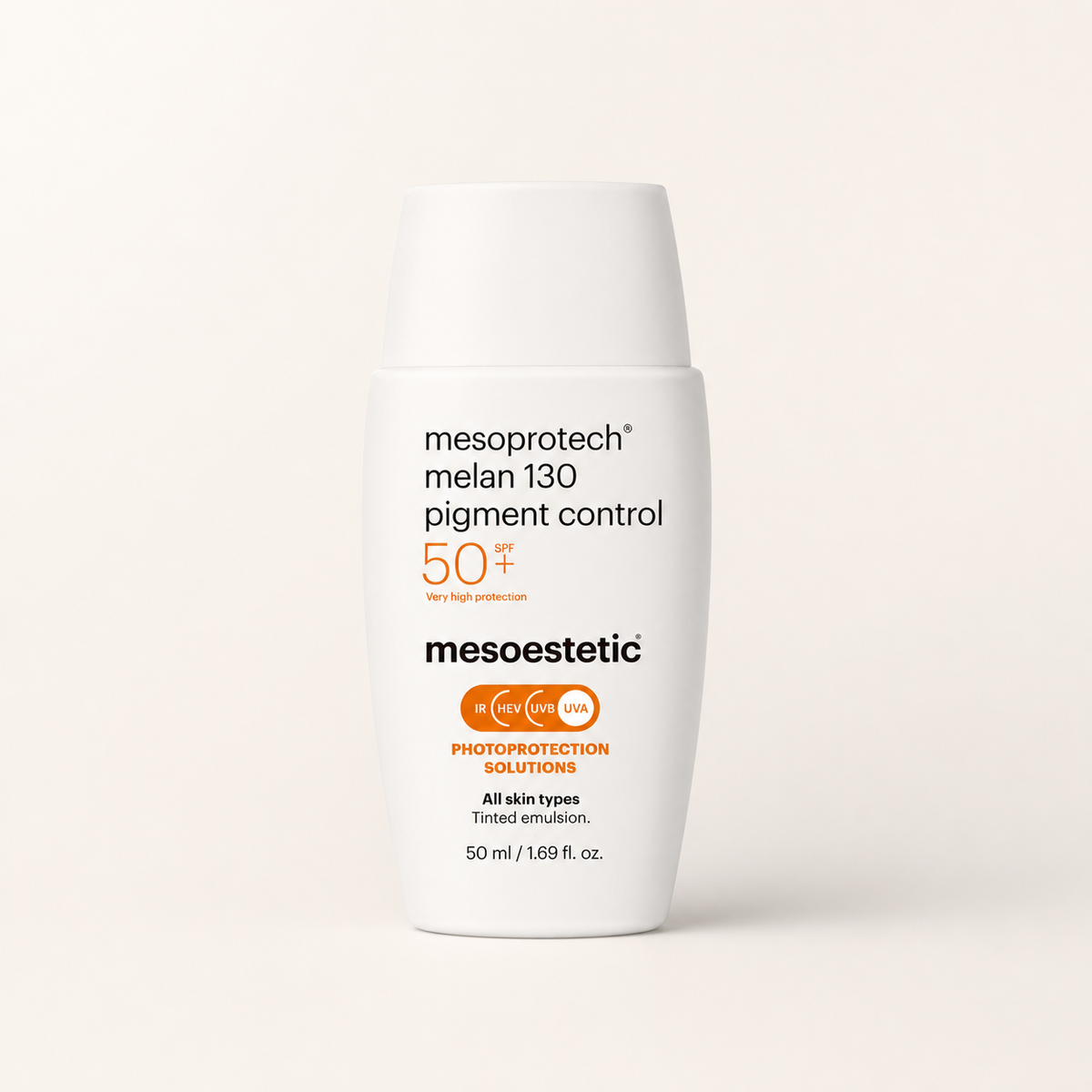 Mesoestetic Mesoprotech Melan 130 Pigment Control on a warm cream studio background