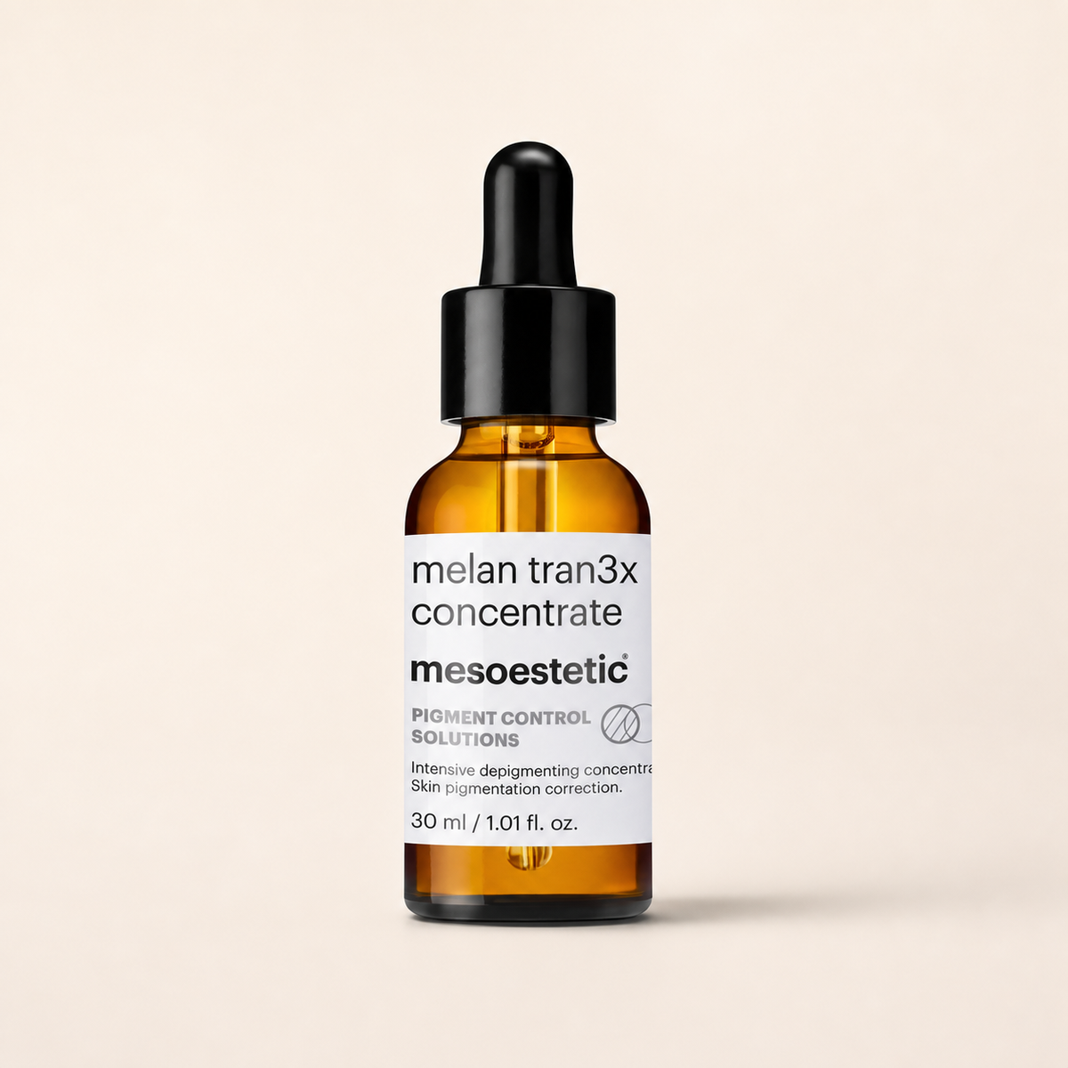Mesoestetic Melan Tran3x Concentrate on a warm cream studio background