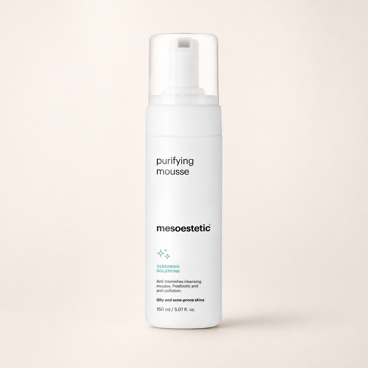 Mesoestetic Purifying Mousse Cleanser on a warm cream studio background
