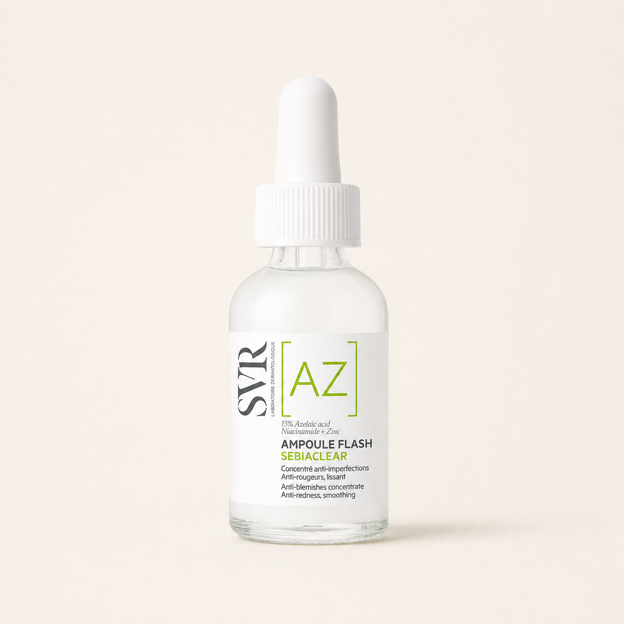 SVR Sebiaclear Ampoule AZ Flash on a warm cream background