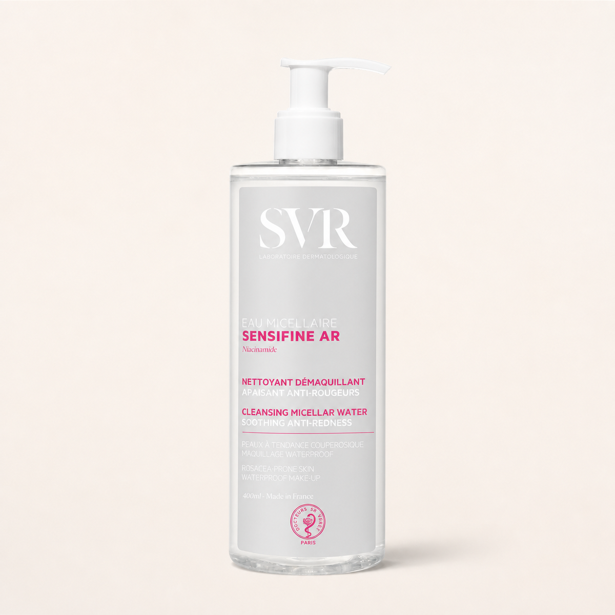 SVR Sensifine AR Micellar Water on a warm cream background