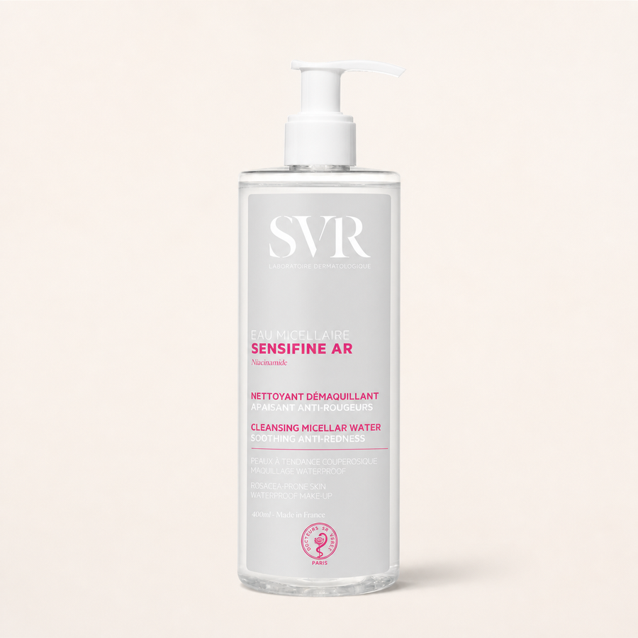 SVR Sensifine AR Micellar Water on a warm cream background
