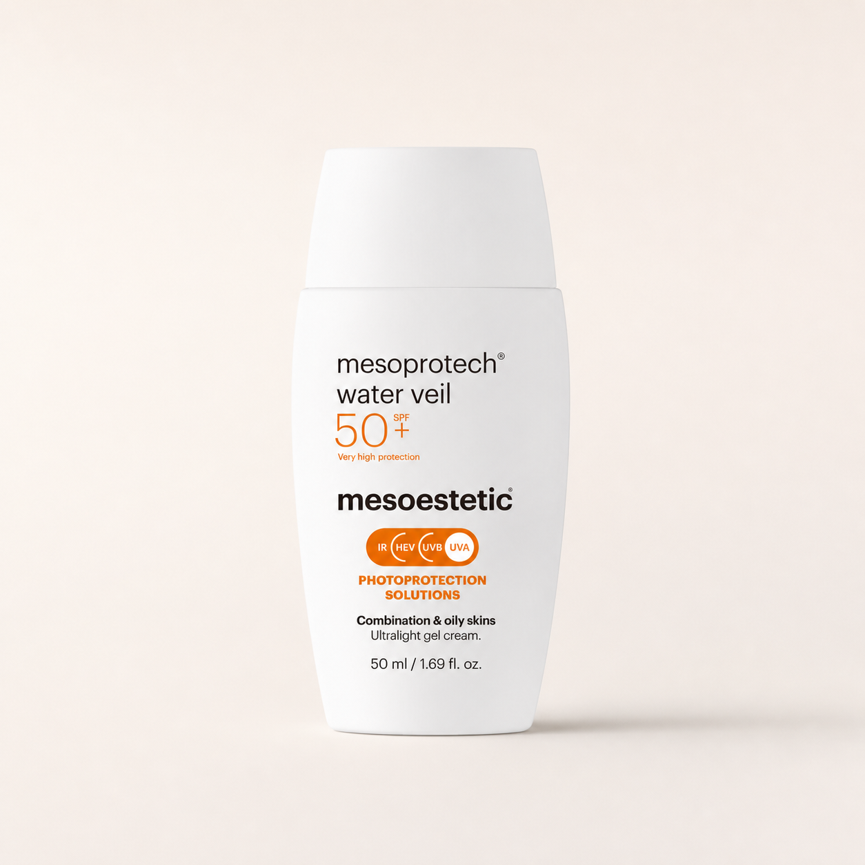 Mesoestetic Mesoprotech Water Veil SPF 50+ on a warm cream studio background
